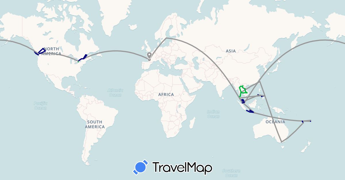 TravelMap itinerary: driving, bus, plane, motorbike in Australia, Canada, Fiji, France, Indonesia, Cambodia, Laos, Malaysia, Philippines, Singapore, Thailand, Taiwan, Vanuatu (Asia, Europe, North America, Oceania)